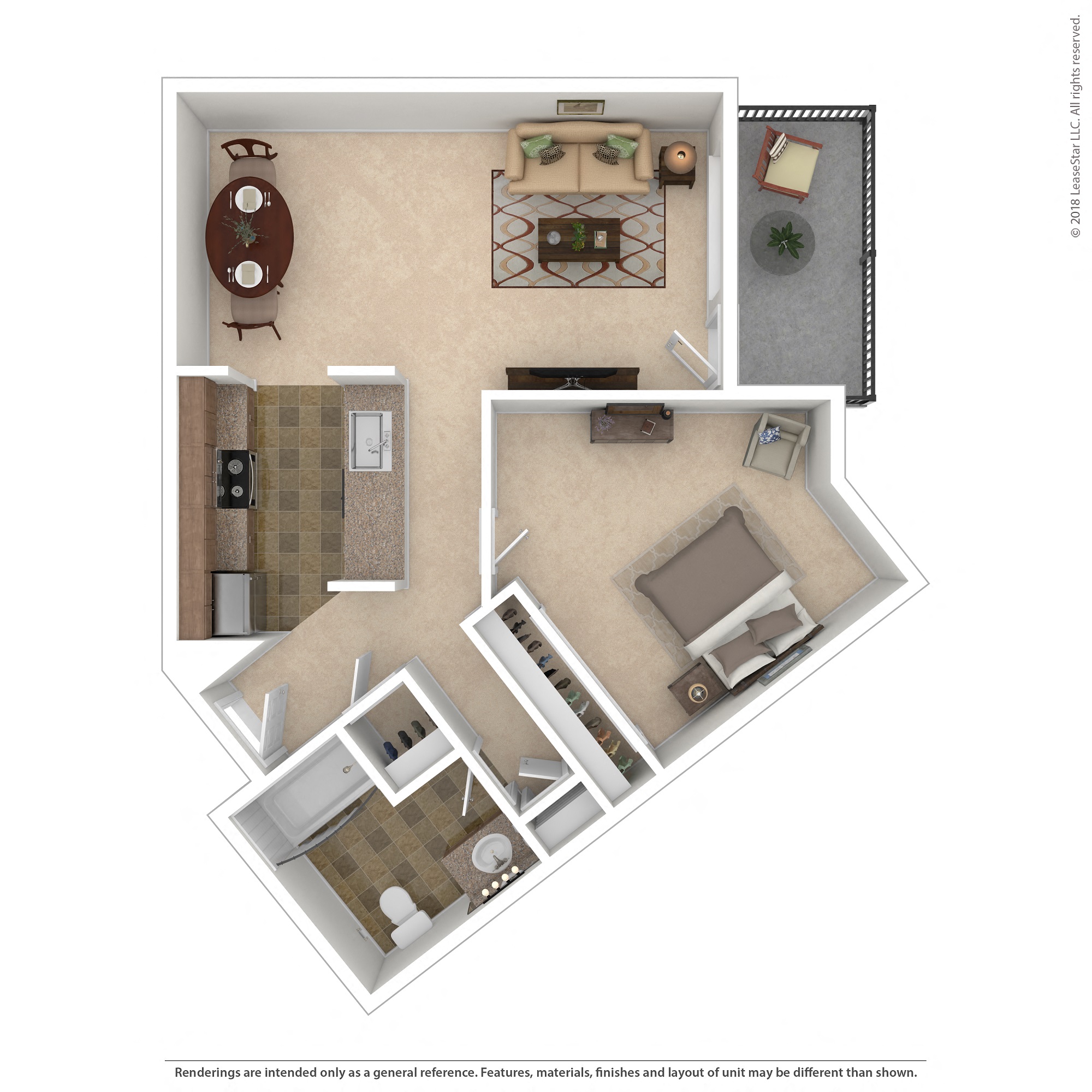 Floor plan for 1 bed, 1 bath, 661 sqft
